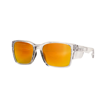 Raglan safety specs with clear frame and revo orange-red mirror lens