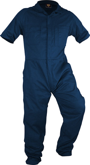 Esko Caution Navy 100% cotton zip overall size 16/132, front view showing concealed zip and chest pockets
