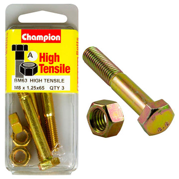 Champion M8 x 65mm grade 8.8 bolt and nut, zinc plated