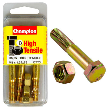 Champion M8 x 75mm grade 8.8 bolt and nut, zinc plated