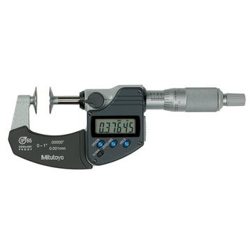 Mitutoyo Digimatic digital disk micrometer with LCD display and ratchet thimble