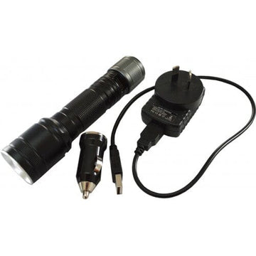 Element XR9 rechargeable LED torch with adjustable beam and USB powerbank function