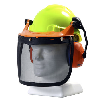 TUFF NUT neon yellow forestry hard hat with integrated earmuffs, browguard and mesh visor