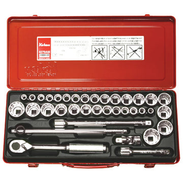 Koken 4279AM 1/2 inch drive socket set with 36 pieces, metric and imperial sockets, ratchet, extensions and T-bar in metal case