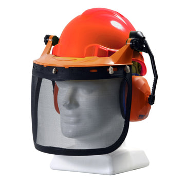 TUFF NUT neon orange forestry hard hat with integrated earmuffs, browguard, and mesh visor