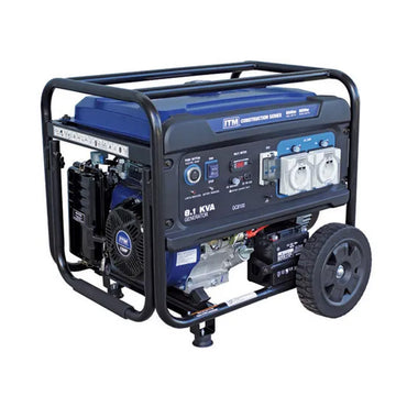 ITM 8.1 kVA petrol generator with electric start and remote control, showing frame, wheels, and IP66 outlets