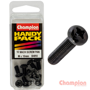 Champion M5 x 10mm black machine screws, pan head Phillips drive, pack of 10