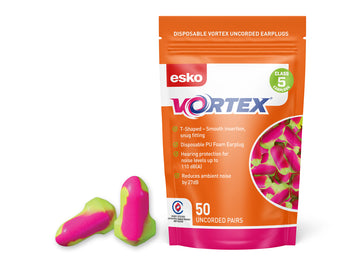 Esko Vortex Class 5 pink and yellow T-shaped PU foam earplugs, 50 pair pouch