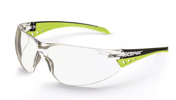 XSPEX wraparound safety specs with clear lens and soft rubber sidearms