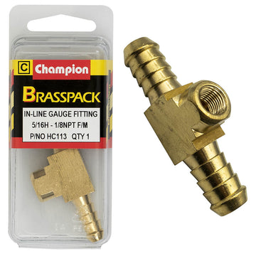 Champion brass in-line gauge fitting, 5/16 H to 1/8 NPT female connection