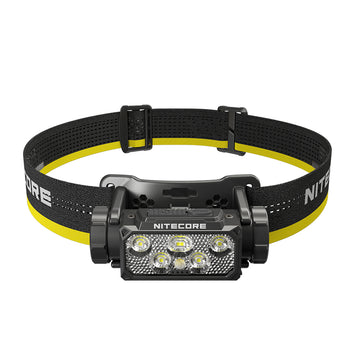 Nitecore HC60 UHE rechargeable headlamp with USB-C charging cable and storage case