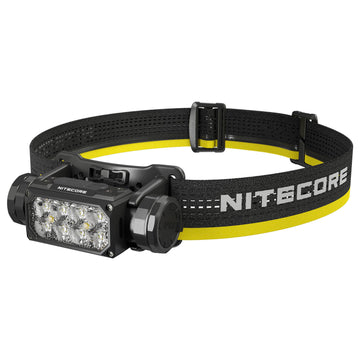 Nitecore HC65 UHE metal headlamp with USB-C charging cable and storage case