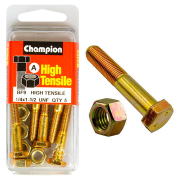 Champion 1/4 x 1-1/2 in Grade 5 bolt and nut, zinc plated, UNF thread