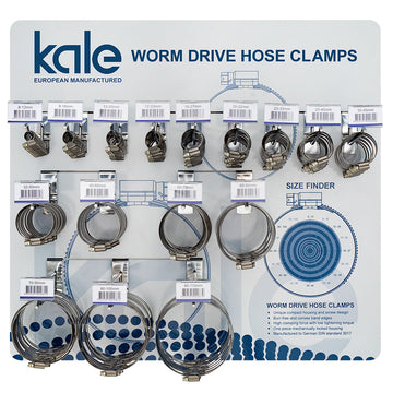 Kale 160-piece worm drive hose clamp wall merchandiser with galvanised steel backing board and twin hooks