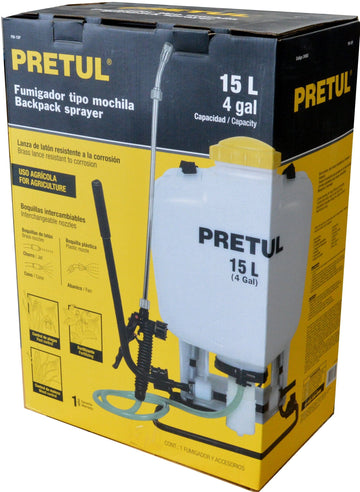 Pretul 15L knapsack pressure sprayer with translucent polypropylene tank and brass wand
