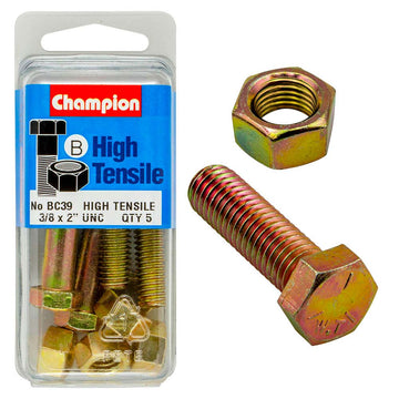 Champion 3/8 x 2in Grade 5 bolt and nut set, zinc plated, 20 pack