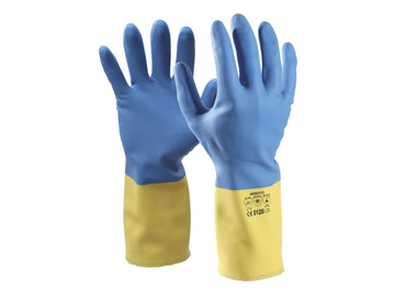 Esko blue neoprene on yellow latex work gloves, medium size, 30cm length