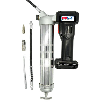 ProEquip USB rechargeable cordless grease gun with 450g cartridge and charging cable