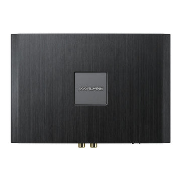 Alpine 6-channel sound processor and amplifier with Bluetooth, front view showing silver logo and black housing