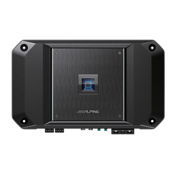 Alpine R2-A60F 4-channel amplifier, top view showing gain and crossover controls