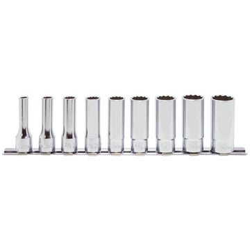 Koken RS3305A deep socket set on rail, 3/8 inch drive, 9 pieces, 12-point, 1/4 to 3/4 inch