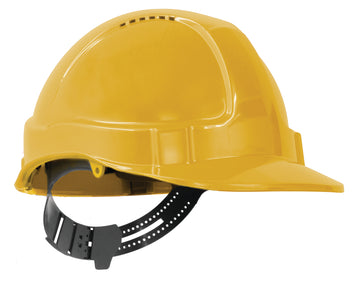 TUFF-NUT hard hat yellow short peak vented 6-point PinLock harness front view