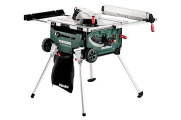 Metabo 36V brushless cordless table saw with 254mm blade and folding stand