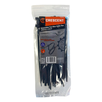Crescent 50-piece black two-way releasable cable ties, 200mm x 4.6mm