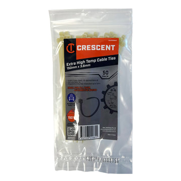 Crescent 150mm x 3.6mm high-temperature cable ties, pack of 50, light brown nylon