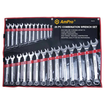 AmPro 26-piece combination wrench set, 6 to 32 mm, ring and open ends