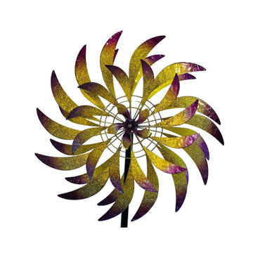 Omni Passionfruit wind sculpture with dual rotating blades in purple, gold and bronze tones
