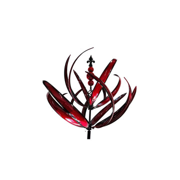 Omni Red Symphony wind sculpture with rotating red blades, 2.31 m height