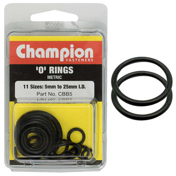 Champion 22-piece metric o-ring assortment in black nitrile, sizes 5mm to 25mm