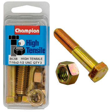 Champion Grade 5 bolt and nut, 7/16 UNC x 2-1/2in, zinc plated, pack of 6