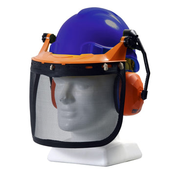 TUFF NUT Forestry Combo Kit hard hat in blue with integrated earmuffs, browguard and mesh visor