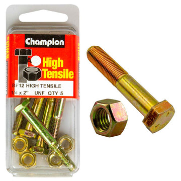 Champion 1/4 x 2in Grade 5 bolt and nut set, zinc-plated, UNF thread