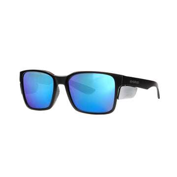 Papamoa matte black safety specs with revo blue mirror polarised lenses and smoke side shields