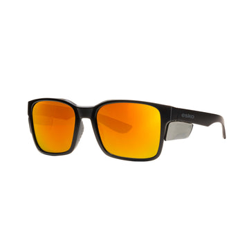 Fitzroy matte black safety specs with revo orange mirror lens and smoke side shields