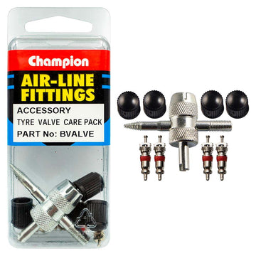 Champion Tyre Valve Care Pack with 4-way tool, brass cores and caps