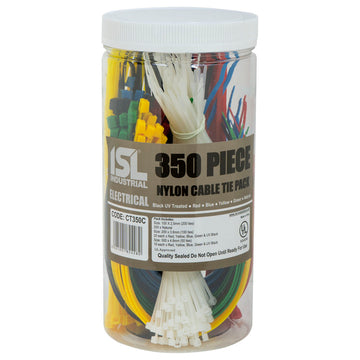 ISL 350-piece assorted cable tie pack showing natural and coloured ties in three sizes
