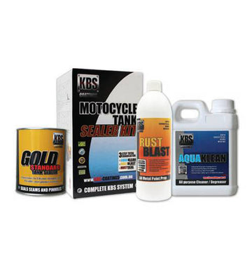 KBS Fuel Tank Sealer Kit Regular Motorcycle Up To 20L Tank with AquaKlean, RustBlast, Gold Standard sealer and nitrile gloves