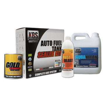 KBS Fuel Tank Sealer Kit 100L containing AquaKlean, RustBlast, Gold Standard sealer and nitrile gloves