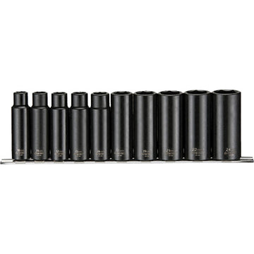 Teng 10-piece 1/2 inch drive deep impact socket set with 6 point openings, sizes 10 to 24 mm, on clip rail