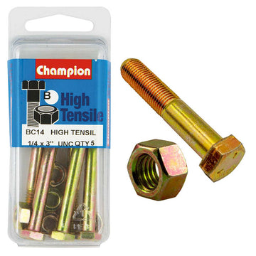 Champion Grade 5 bolt and nut set, 1/4in x 3in UNC, zinc-plated, pack of 10