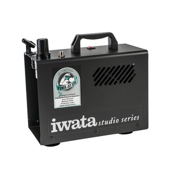 Iwata Power Jet Lite airbrush compressor with mounted holder and pressure gauge