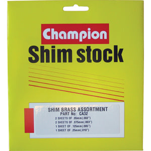 Champion brass shim assortment pack showing 150mm × 150mm sheets in four thickness sizes