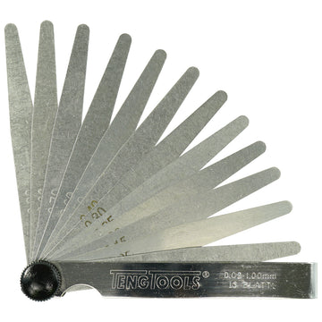 Teng 13 blade feeler gauge with fold-up case, blades fanned to show 0.05–1.00mm range