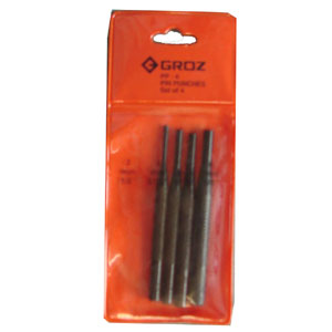 Groz 4-piece pin punch set with vinyl pouch, 100mm long punches in 3mm, 4mm, 5mm and 6mm sizes
