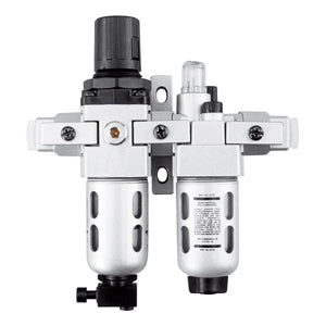 Groz 1/4 BSP F-R-L unit with filter, regulator and lubricator stages, pressure gauge and wall mounting bracket