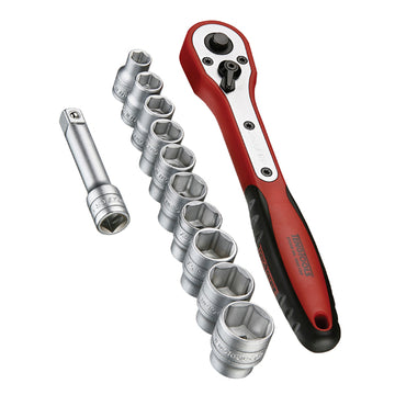 Teng 12-piece 3/8 inch drive metric socket set with ratchet and extension bar in clip box